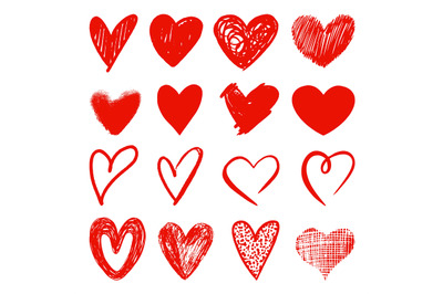 Sketch grunge red hearts. Doodle heart, love art decoration elements.