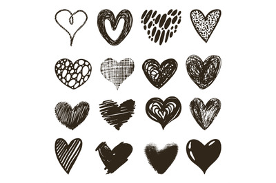 Doodle hearts collection. Sketch heart, love stamps scratch design. Ha