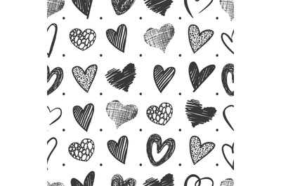 Hand drawn hearts seamless pattern. Heart doodle grunge, romantic text