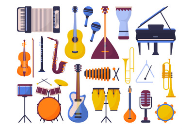 Music instruments icons. Musical electronic drum, violin clarinet and