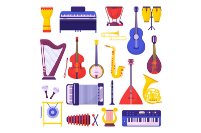 Flat cartoon musical instruments. Music instrumental clipart, composer