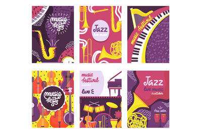 Music festival posters with instruments. Jazz street fest flyers&2C; musi