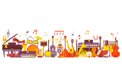 Musical instruments banner. Instrumental band, saxophone drum guitar b