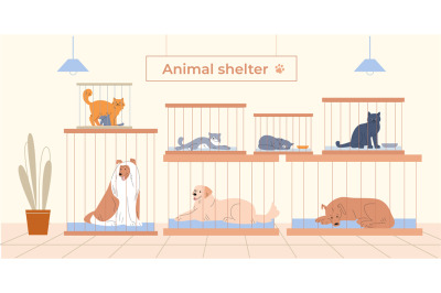 Animal shelter with pets in cages. Cartoon dogs and cats sheltered. Fu