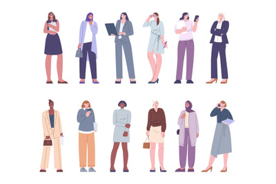 Female modern business characters wear suits and casual dress. Flat ca