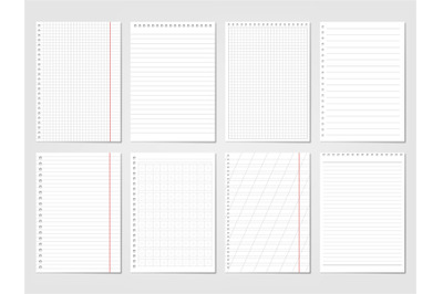 Realistic paper ruled&2C; lined sheets. School pages copybook&2C; isolated b