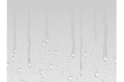 Realistic dripping drops flow down background. Rain dropping, water tr