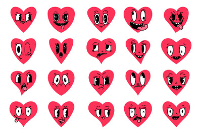 Cartoon emotional faces red hearts. Cute mascot heart, vintage emotion