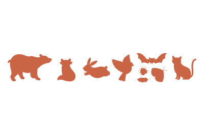 Animal and bird, insect and bat silhouettes. Bear, bunny, cat and butt