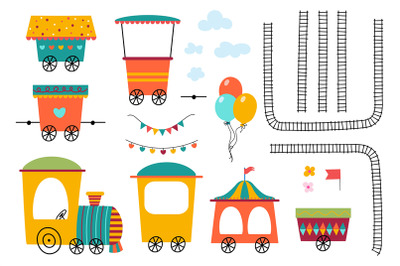 Cartoon amusement park elements. Train cars, diesel locomotive and rai