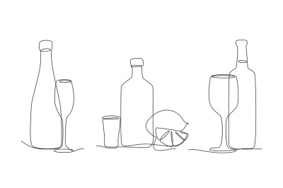 Continuous lines glass and bottles. One line champagne, wine and tequi