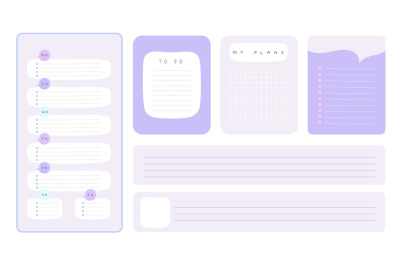 Diary pages, planners and notes paper sheets. Cute girly style simple