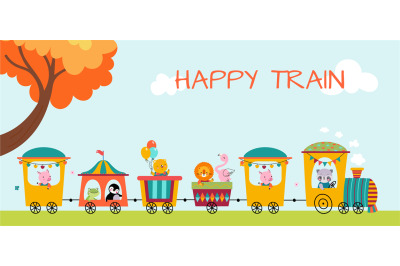 Happy cartoon animals ride on train. Transportation scene, cute raccoo