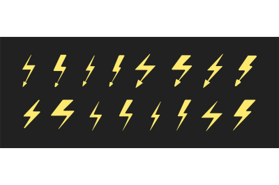 Thunderbolt yellow icons, energy or power collection. Light flash symb