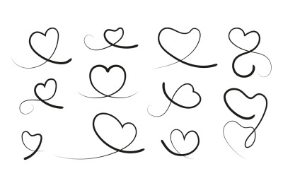 Line hearts, curved heart calligraphy element. Black liner or brush sw