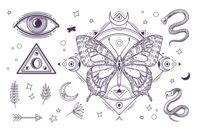 Mystic magical elements. Tattoo graphic design, magic eye and triangle