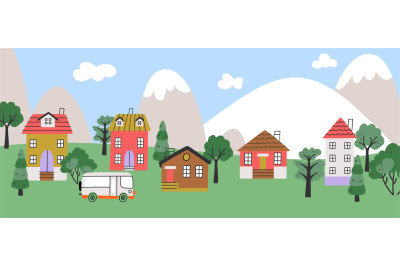 Neighborhood cartoon nature landscape, tiny houses and mountains. Rura