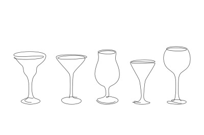 Simple one line cocktail glasses. Continuous lines wine, martini, summ