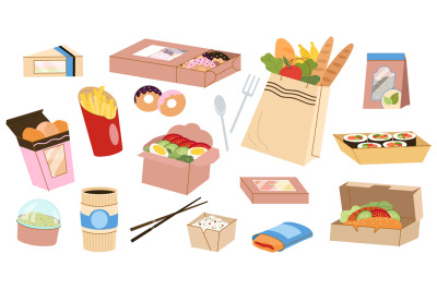 Take out food in paper boxes. Cardboard pack, lunch and dinner, fresh