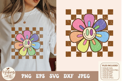 Retro checkered daisy svg png sublimation, distressed png sublimation