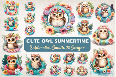 Cute Owl Summertime Watercolor Bundle