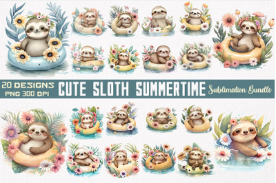 Cute Sloth Summertime Watercolor Bundle