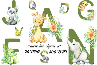 Safari Nursery Wall Art, Baby Animal Alphabet Print Set, Watercolor Ju
