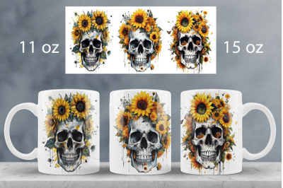 Floral skull mug wrap design Gothic mug sublimation png