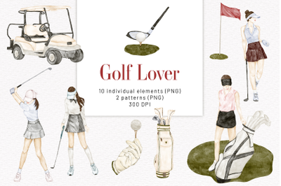 Golf Clipart. Watercolor Sports Clipart. Golf Girl Seamless Pattern. P