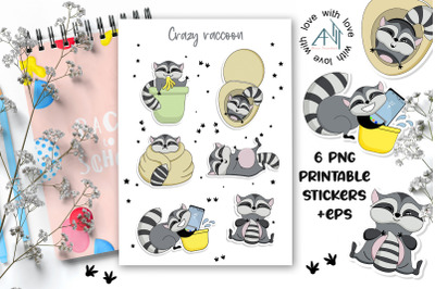 Funny Racoon sticker sheet | 6 png stickers design