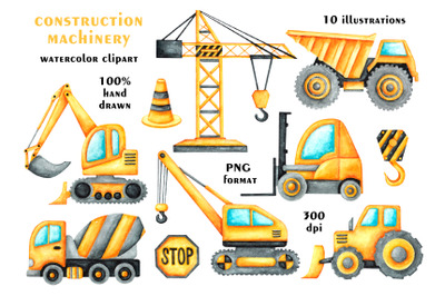 Construction vehicles watercolor clipart. Excavator, loader, bulldozer