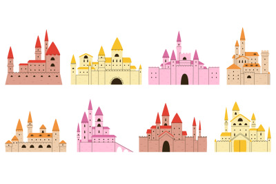 Cartoon castles exterior set. Doodle palace medieval, isolated flat ca