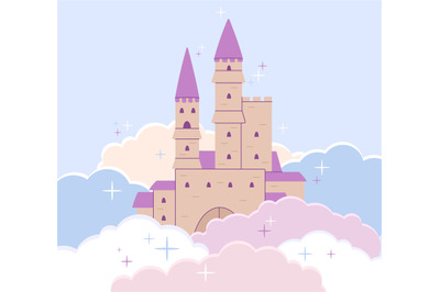 Castle medieval background. Fairytale pink fort in cartoon clouds. Pri