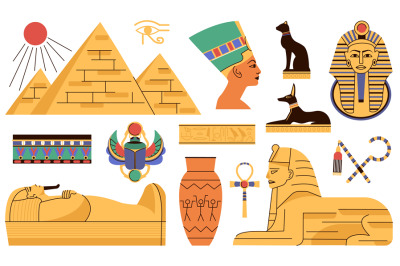 Egypt flat elements, sculpture and egyptian building pyramids. Oasis l