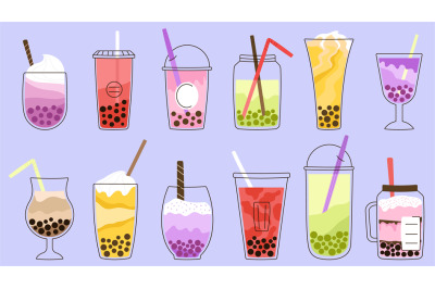 Bubble milk tea kawaii graphics. Taiwan smoothies, asian ice drink wit