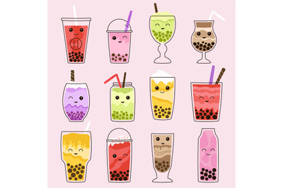 Bubble tea asian drink with kawaii faces. Kids mascots, isolated sweet