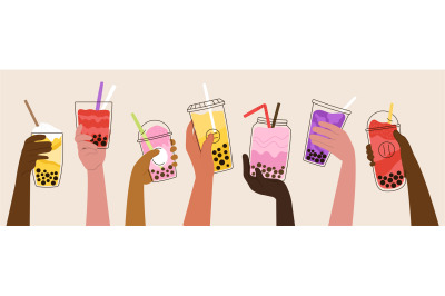 Hands hold bubble tea shakes. Milkshake, asian smoothie and mocha in g