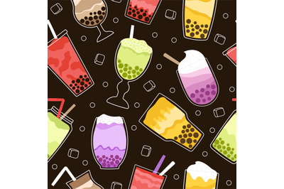 Bubble tea seamless pattern. Bubbles boba drink, milk shakes backgroun