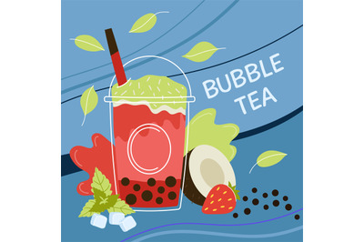 Fresh bubble tea poster. Taiwan boba pearl drink graphic design. Desse