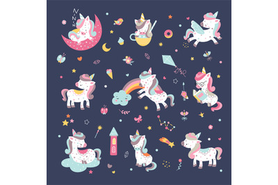 Cute cartoon unicorns on rainbow. Unicorn flat comic baby stickers, cl