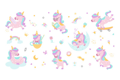 Cute unicorn magic characters. Isolated unicorns cartoon stickers. Fly