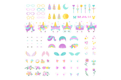 Unicorn faces elements bundle. Unicorns created kit, sweets and floral