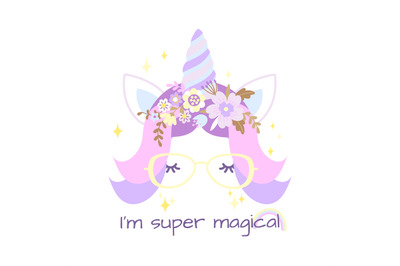 Cute unicorn kids clothes print. Pony banner, magical cute horse with