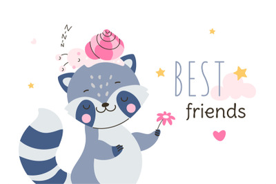 Childish best friend print for t-shirt. Cute raccoon and snail, funny