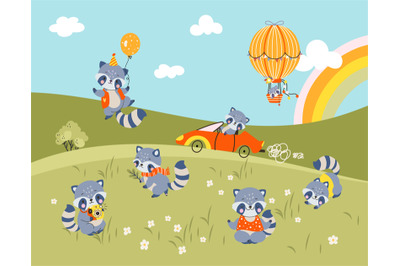 Cartoon raccoons on green meadow background. Raccoon driver and flying