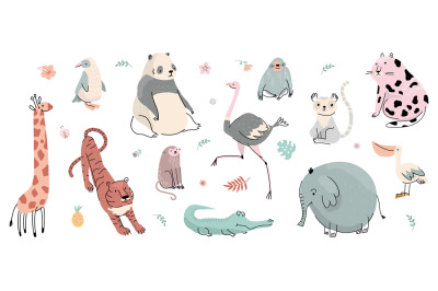 Doodle flat wild animals. Tiger sloth monkey and penguin. Isolated zoo