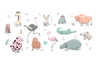 Cute wild animal characters. Zebra koala and hippo, fatty flat tiger.