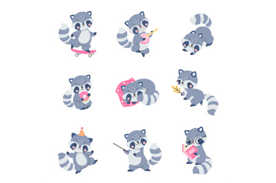 Cartoon flat raccoon character. Funny raccoon, happy animal mascot var