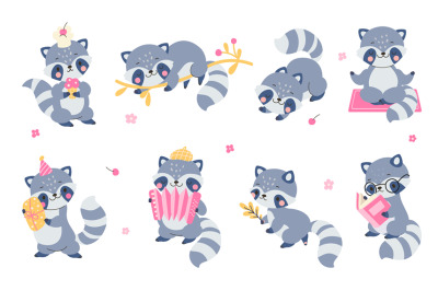 Cute flat cartoon raccoon set. Raccoons various poses, funny animal ca