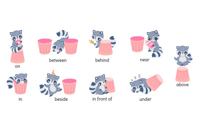 Learn english prepositions with raccoon. Cute raccoons behind, on unde